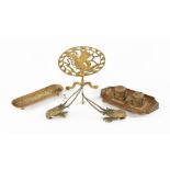 Two Japanese bronze lobster ornaments, an ink stand, pen tray and trivet.