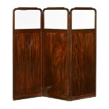 An Edwardian inlaid mahogany threefold partially glazed screen. Height 158 cm, each panel width 53.