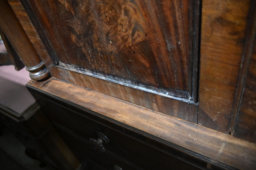 A William IV mahogany linen press with moulded cornice above a pair of panelled doors opening to - Image 7 of 12