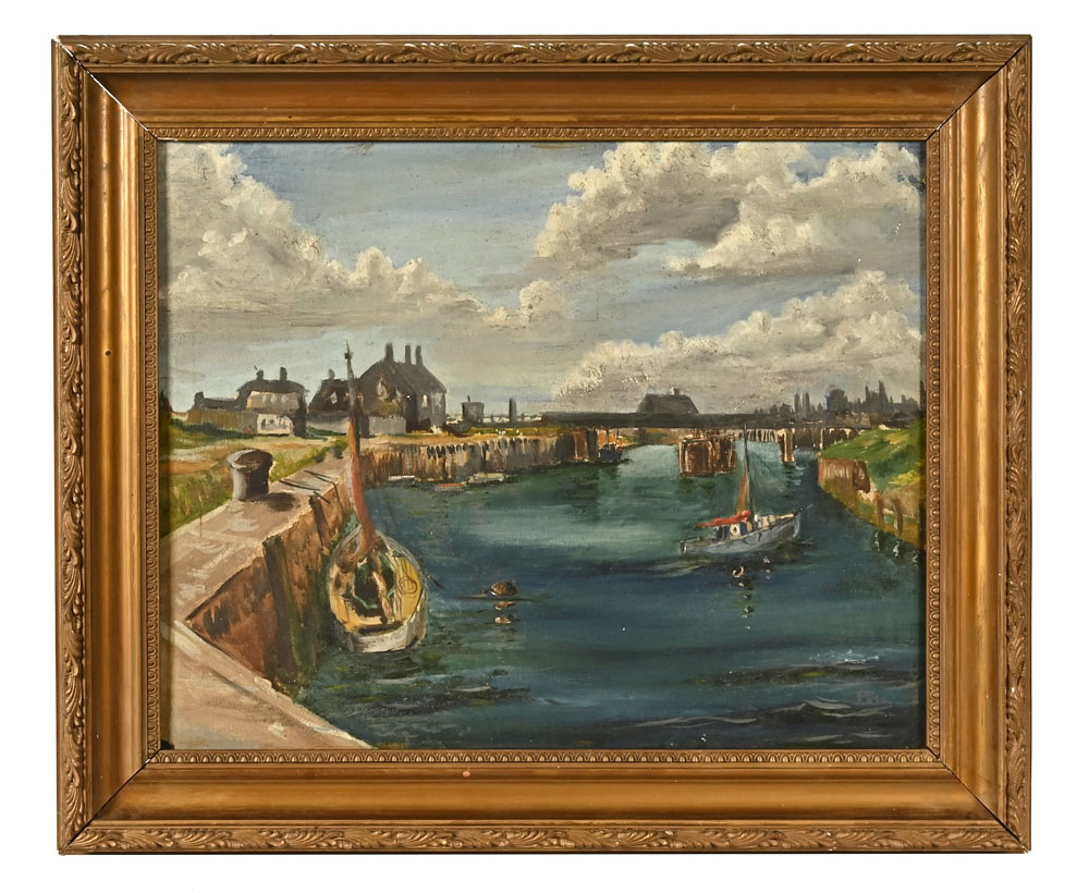 Continental School mid 20th century, sailing boats in a waterway with building beyond,
