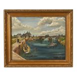 Continental School mid 20th century, sailing boats in a waterway with building beyond,