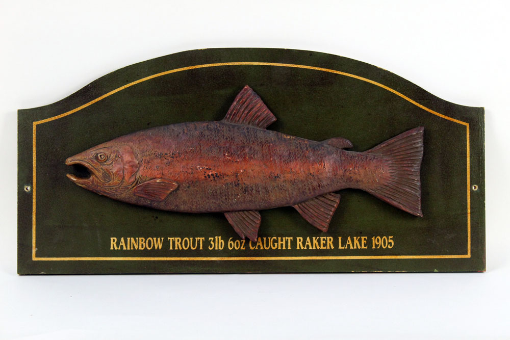 Two reproduction taxidermy style fish display boards, the first titled "Pike 7 lbs 1 oz,