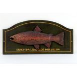 Two reproduction taxidermy style fish display boards, the first titled "Pike 7 lbs 1 oz,