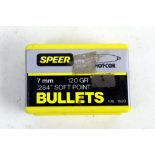 A sealed box of Speer 7 mm 120 grain soft grain bullets (heads only)