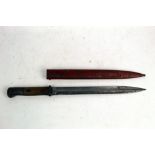 A late 19th/early 20th century bayonet, with 12" blade, marked to the hilt ON and with wooden grips.