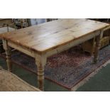 Chunky legged pine topped kitchen table, height 77 cm, width 90 cm,