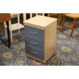 Single modern blue and timber effect three door bedside drawers