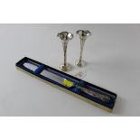 Silver handled cake knife and pair of silver bud vases