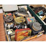 Box of fishing reels, tins of floats, accessories,