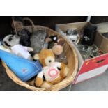 Basket of soft toys and box of glassware, tankards,