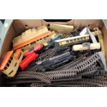 Box of 00 gauge track, trackside buildings, engines,