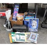 Two boxes of jigsaws, puzzles, metal deed box,