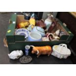 Box of decorative plates, vases, teapot, lamp base, Beswick parrot,