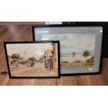 G Grant, two watercolours, street scene and seascape,