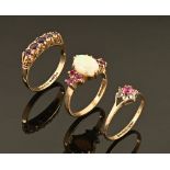 A 9 ct gold diamond cluster ring, with two further 9 ct gold rings. 6 grams gross.