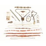 A quantity of necklaces, pendants and other costume jewellery etc, a strap of seed pearls,