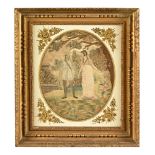 A 19th century needlework lovers in garden, oval with verre eglomise surround and outer gilt frame.