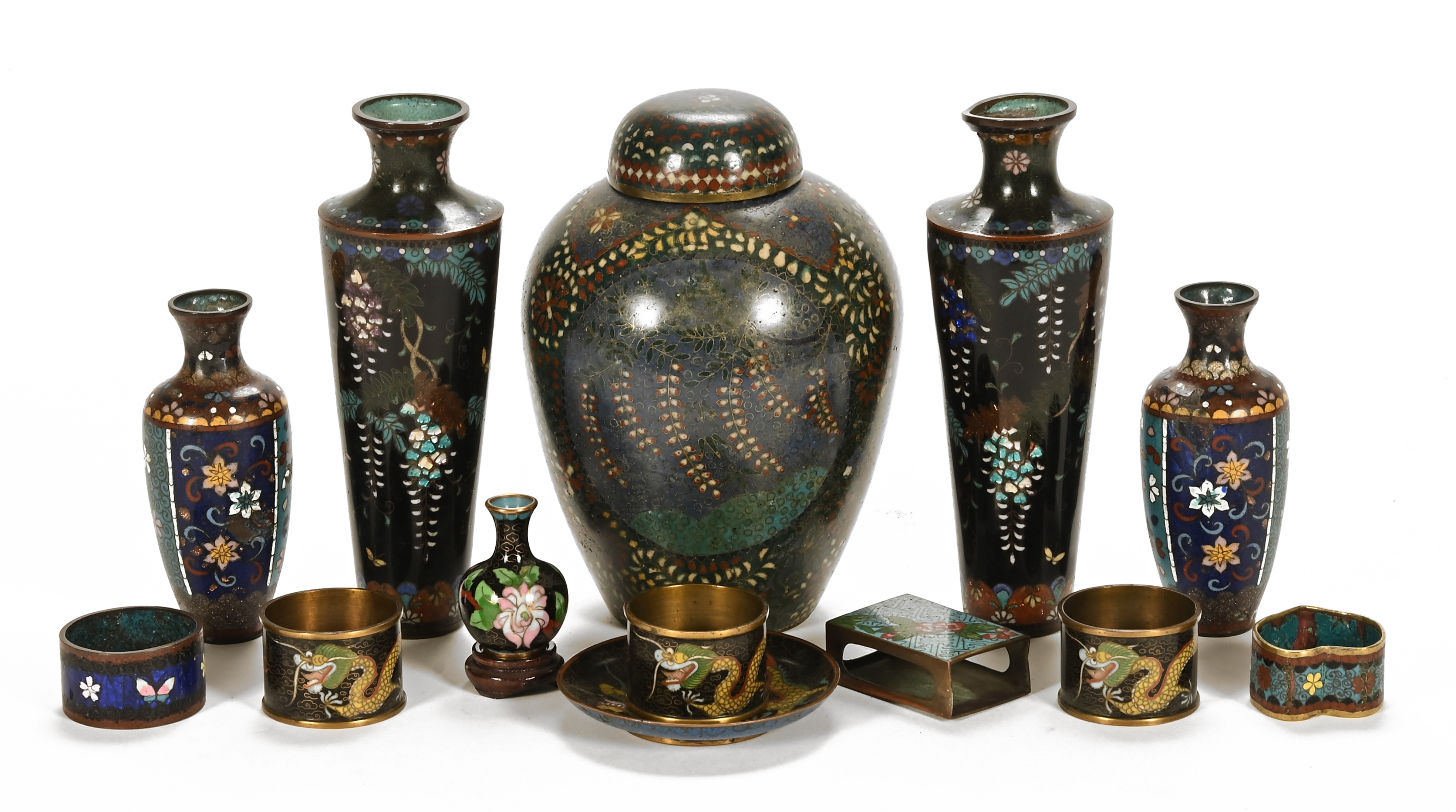 A collection of cloisonne items, from late 19th and early 20th century to include a jar and cover,