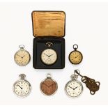 A collection of six vintage pocket watches, including Westclox, Smiths etc.