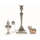 A silver plated candlestick, Edwardian with swags to the square base,