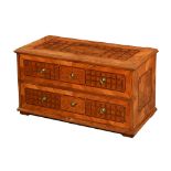 A 19th century continental marquetry low chest of two drawers,