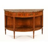 A continental demi lune marble topped console table, with frieze drawer and two dummy drawers,