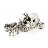 A white metal miniature horse and carriage, in 19th century style. 7 cm long.