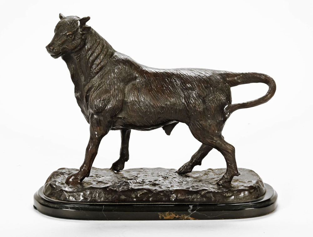 A large French style bronze figure of a bull, in the manner of Antoine Louis Barye,