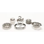 Six items of hallmarked silver, a small oval footed salver, a pill box, two bonbon dishes,