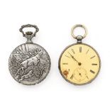 A vintage Bentima pocket watch decorated with a hunting scene, and another.