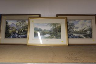 Pair of Lake District watercolours by J Ingham Riley and river scene by Hilary Schofield