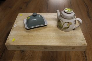 Wooden butchers block and Denby teapot and lidded butter dish