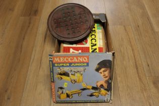 Wooden solitaire board and vintage Meccano sets