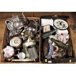 Two boxes of metalware, character jugs, tea cups and saucers,