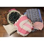 Two storage bags of patchwork quilts, fabric,