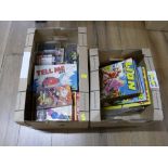 Two boxes of children's annuals, puzzles, boardgames,