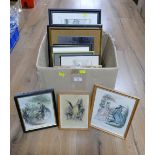 Box of pictures and prints including The Northwest View of Clun Castle in The County of Salop