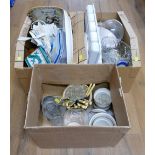 Three boxes of glassware, pottery, cutlery,