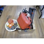 Two boxes of tile cutter, petrol can, planters, nails,