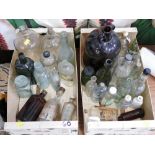 Two boxes of glass brewery bottles, chemist bottles,