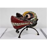 Vintage Balinese Barong wood and painted polychrome head/mask on custom stand,