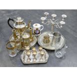 Box of metalware, trays, coffee pot, candlesticks,