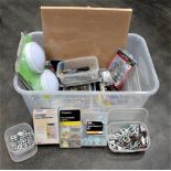 Box of nails, screws, picture hooks, push lights, cork noticeboard,