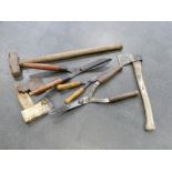 Three pairs of shears, axe,