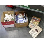 Three boxes of commemorative ware, blue and white plates,