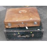 Watajoy of London trunk and vintage Norris leather suitcase with Cunard Line stickers
