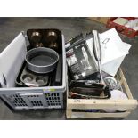 Two boxes of baking and kitchen equipment,