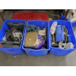 Three tubs of tools, hammers, saws, hole punches, drill,