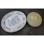 Blue and white meat platter and vintage glass light fitting