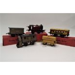 Hornby 0 gauge boxed 101 tank locomotive, snow plough, Esso tanker,